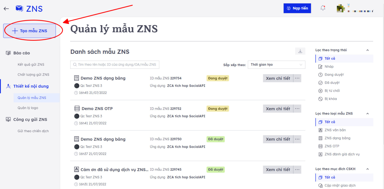 tạo mẫu ZNS thông qua API