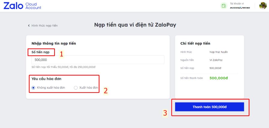 Cách nộp tiền vào ZCA - Zalo Cloud Account 3