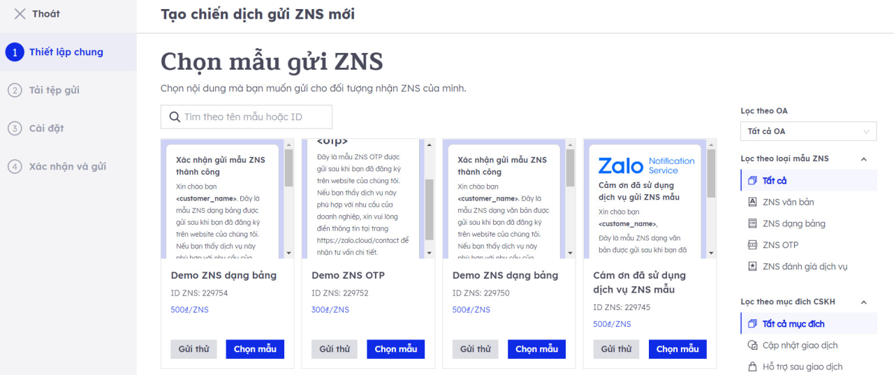 gửi ZNS không thông qua API.